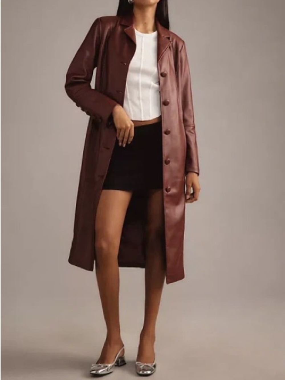 Avec Les Filles Long Faux Leather Trench Coat in Burgundy